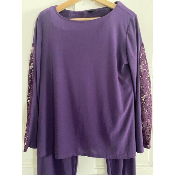 Iman Shirt Pants Matching Set Tunic Lace Sleeves Womens Size Medium Purple - Picture 1 of 6